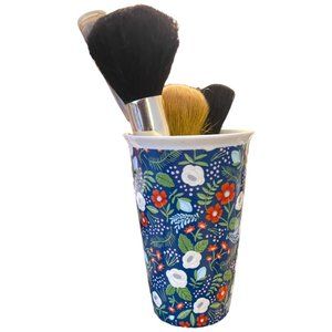 Blue Floral Double Walled Insulated Ceramic Travel Tumbler Pencil Holder READ